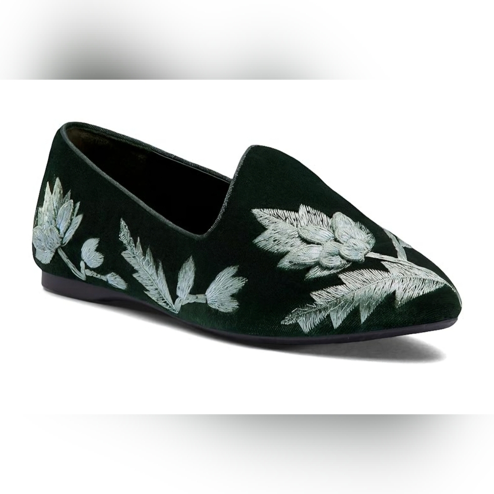 Birdies Heron Embroidered Flats Green Velvet Embroidered – Size 11